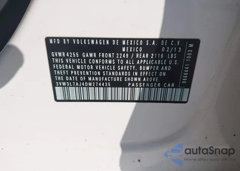 2013 Volkswagen Jetta 2.0L Tdi из США, поврежденный, VIN 3VW3L7AJ4DM274435